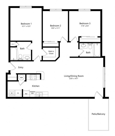 Floor plan for 3 beds, 2 baths, 1257 sqft